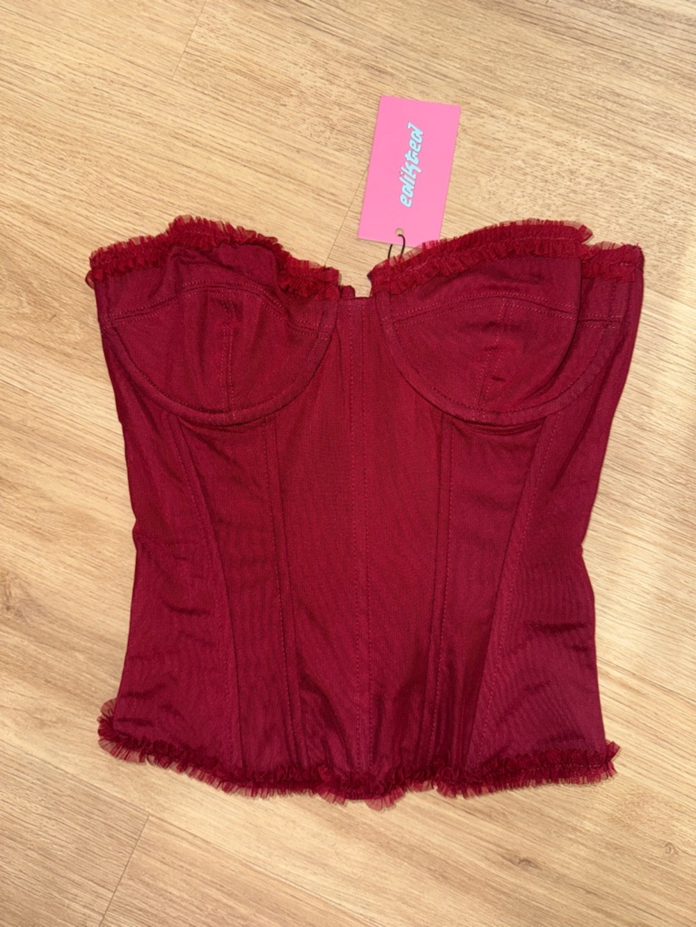 Edikted Burgundy Lace up Strapless Bustier Top